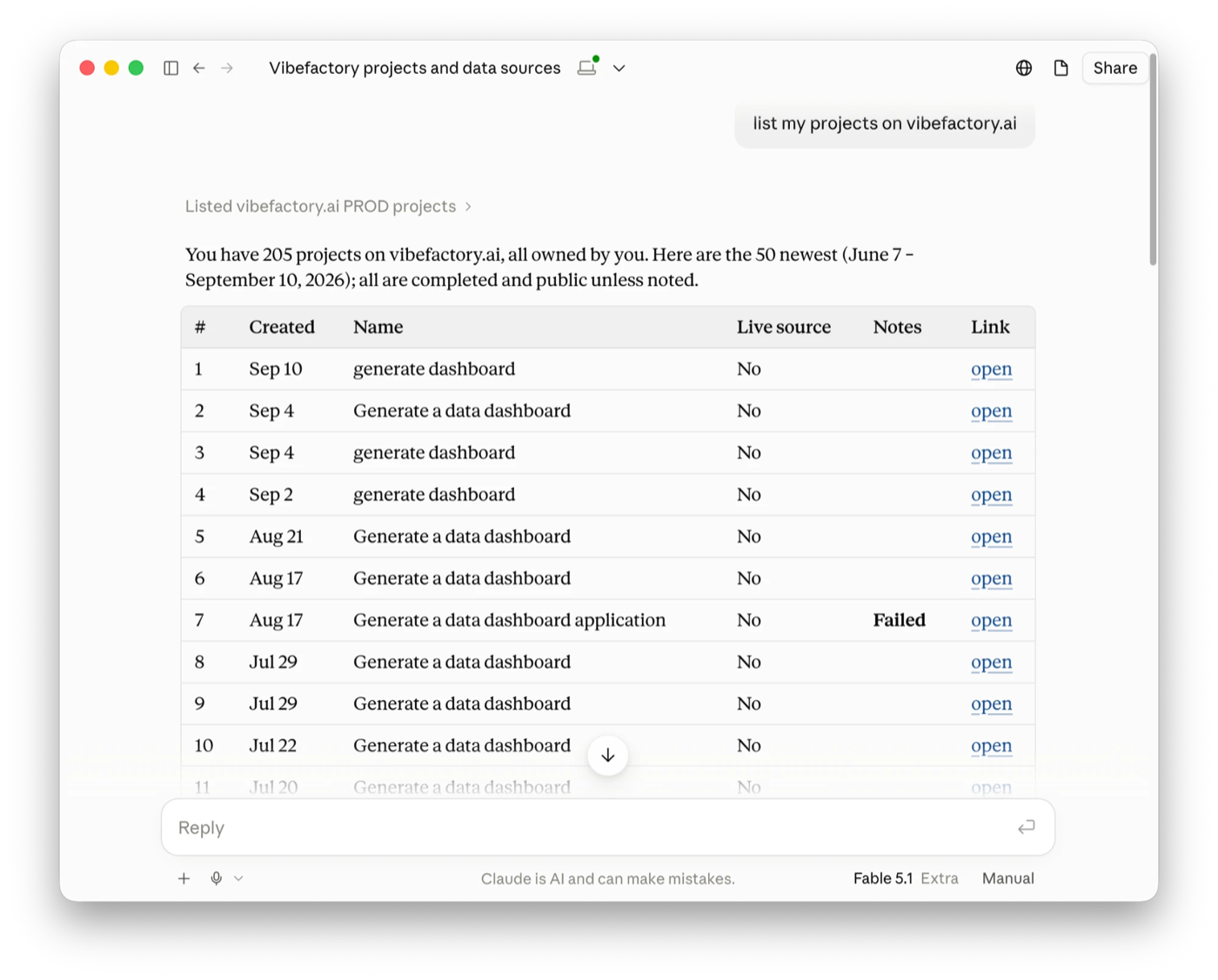 Claude Desktop listing 205 VibeFactory dashboards in a table with creation date, name, live source and open links, fetched through the VibeFactory MCP server