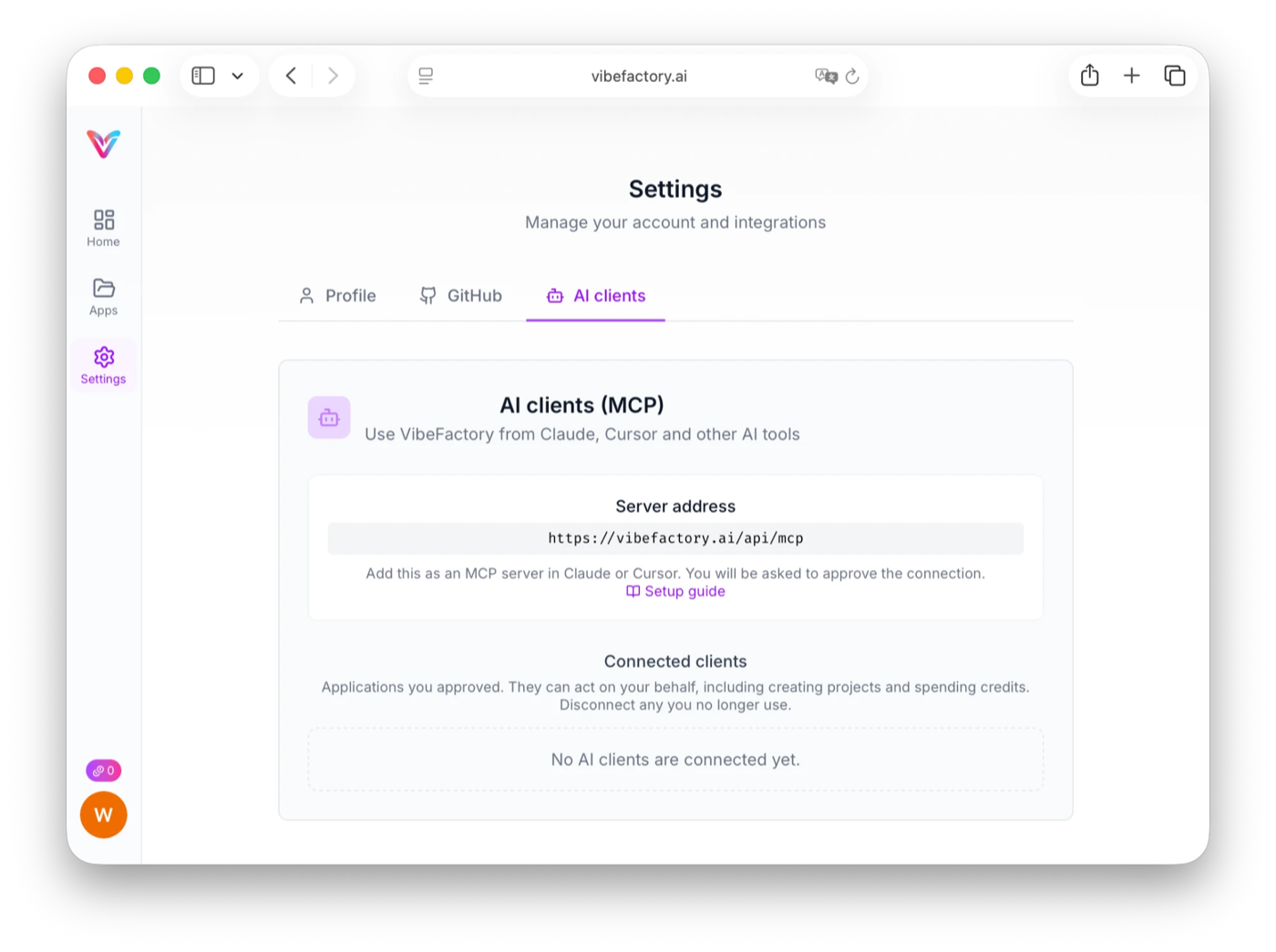VibeFactory Settings page, AI clients tab, showing the MCP server address https://vibefactory.ai/api/mcp, a setup guide link and the list of connected clients
